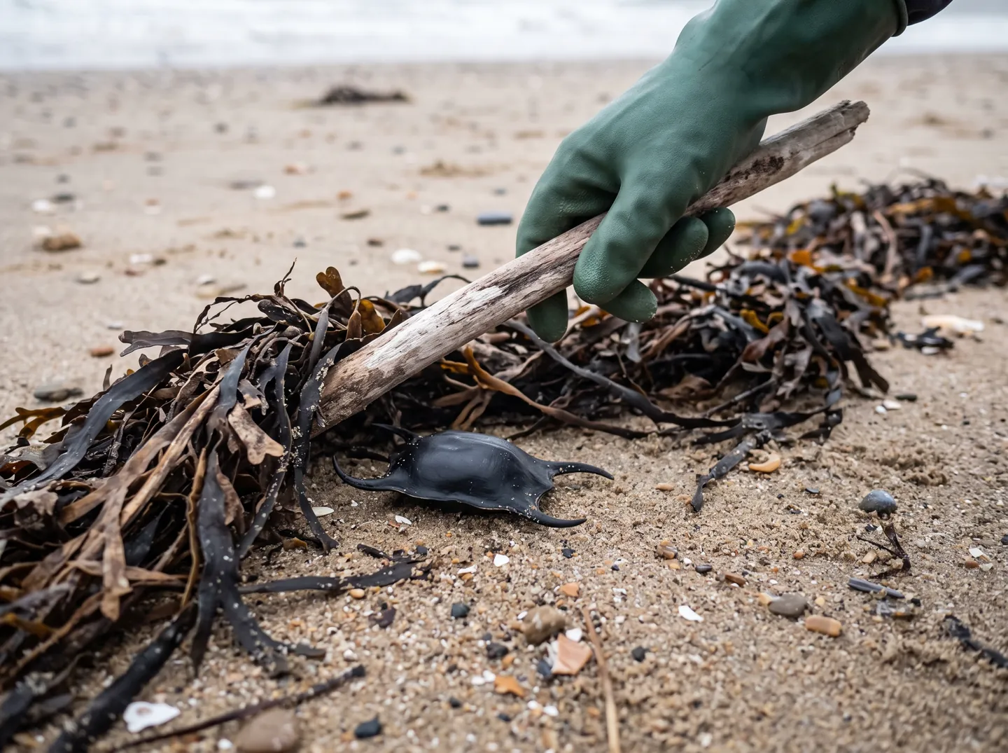 A gloved hand using a driftwood stick to part dry seaweed along the strandline, with a small black eggcase showing between the fronds