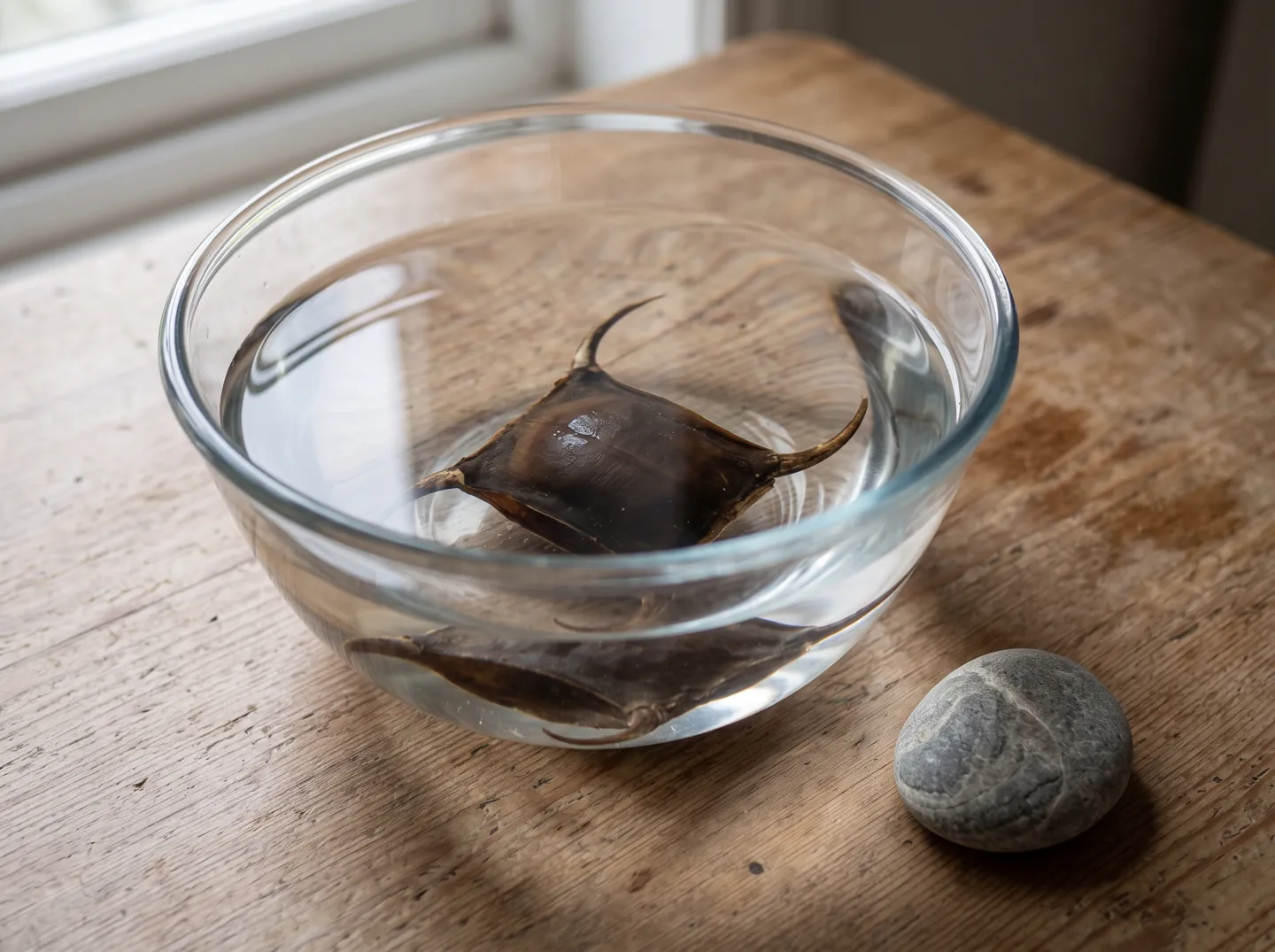 A skate eggcase soaking in a clear glass bowl of water on a wooden table, beside a smooth pebble for scale