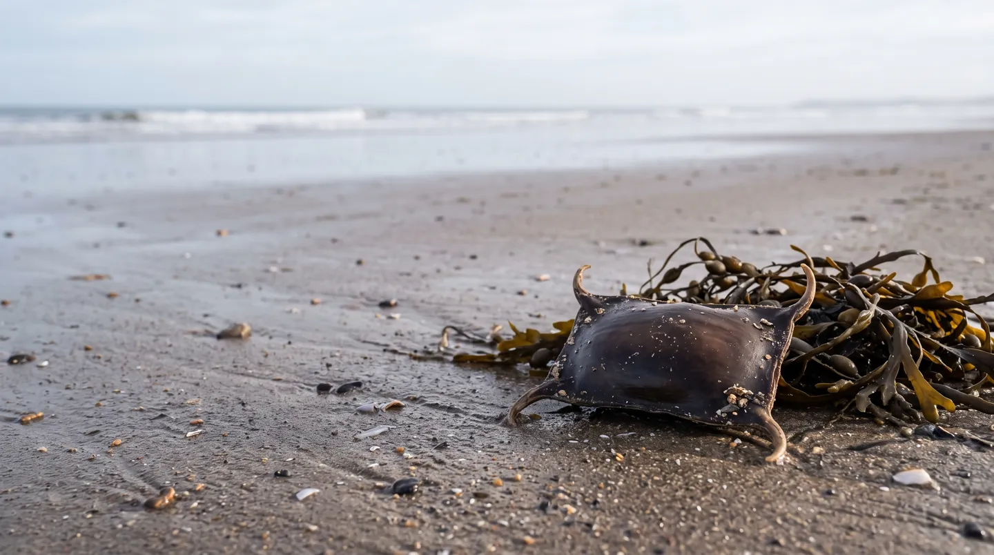 A dark brown skate eggcase with four short horns lying on wet sand beside a tangle of seaweed on a quiet British beach